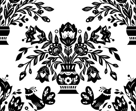 Vector monochrome decorative pattern with flowers in a vase in folk art style. Texture with black tracery floral ornament. Wildflowers backdrop