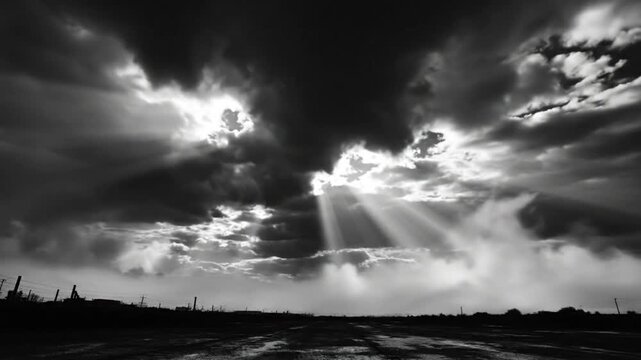 Dramatic black and white landscape of a stormy sky with sunbeams shining through clouds onto a wet road.