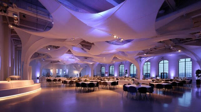 scenography for corporate event in a large indoor venue with high ceilings and no windows using floating tensile fabric structures and LED strip lighting