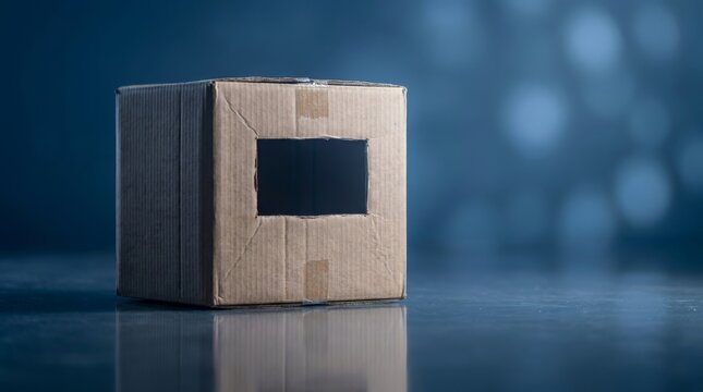 A single cardboard box with a rectangular cutout sits on a reflective surface, symbolizing isolation and emotional detachment experienced during a painful divorce process
