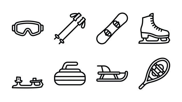 Winter Sports Equipment Icons: A collection of simple, clean line-art icons representing various winter sports, including skiing, snowboarding, ice skating, and curling.
