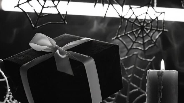Spooky black and white Halloween gift box with a ribbon and candlelight in a cobweb setting