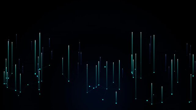 Abstract blue digital data technology background featuring glowing vertical lines and connected plexus network dots
