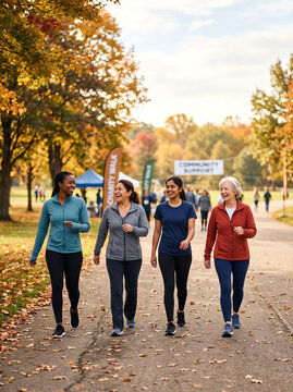 Four Women Walking and Laughing During Autumn Charity Walk Event