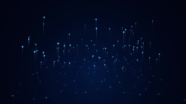 Abstract futuristic blue digital network background with glowing nodes and data visualization light streaks