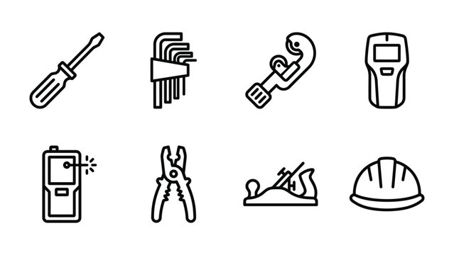 Collection of Tools: A set of various tools including a screwdriver, Allen wrench set, pipe wrench, stud finder, measuring device, wire cutters, wood plane, and safety helmet.