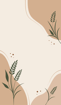 Simple design abstract shapes with green plants wheat on light beige background. plants add natural details, copy space for text