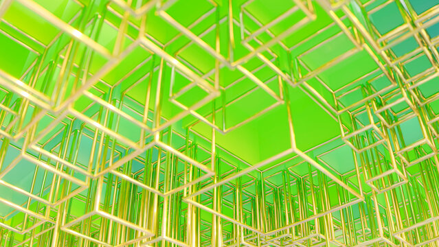 Golden wireframe cubes in abstract geometric structure on green
