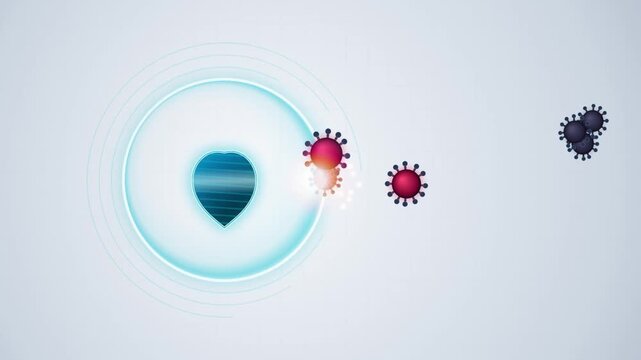 Abstract medical illustration showing red virus particles attacking a blue glowing shield icon on a light background