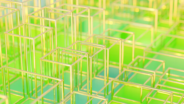 Transparent cubes with golden outlines in abstract geometric pattern