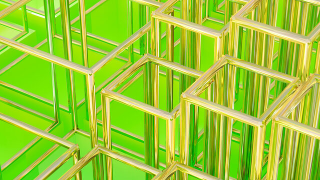 Abstract golden cube frames on green background