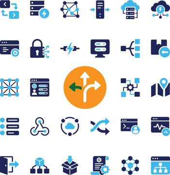 Server Management icon set with modern cloud server and microservices traffic routing symbols