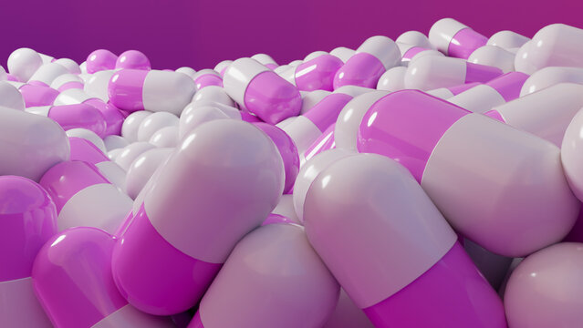 Close-up of purple and white capsule pills for medical
