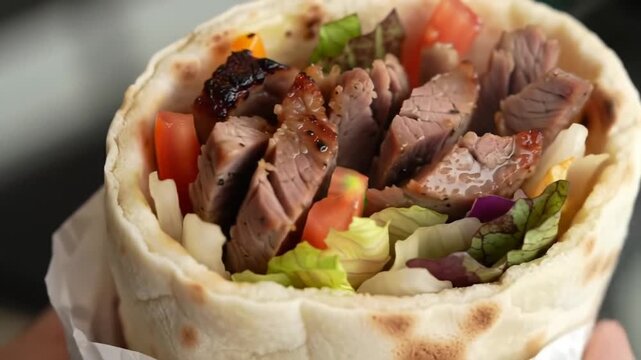 Fresh gourmet meat wrap sandwich with grilled beef and vegetables