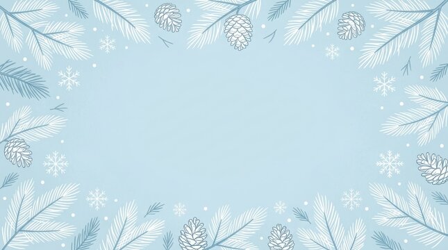 Winter pine cones and snowflakes frame light blue background with subtle texture