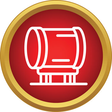 Barrel storing liquid on a stand in a rounded red and gold frame