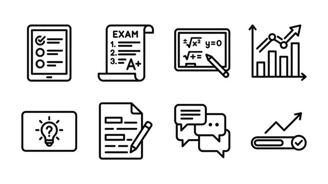 Education and Progress Icons: A collection of vector icons representing educational concepts, progress tracking, and communication, featuring a tablet with a checklist, a graded exam paper.