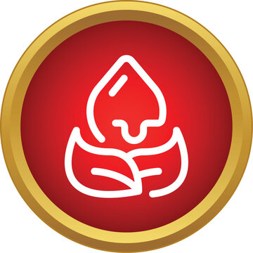 White outline icon of a drop falling onto leaves inside a red circle with a gold rim