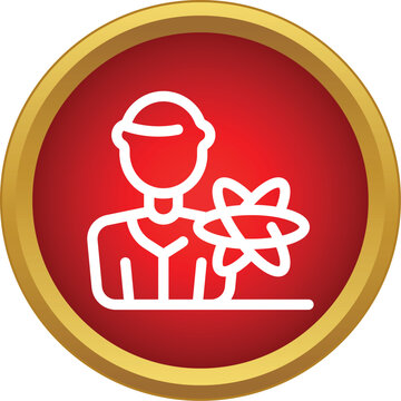 Scientist icon featuring an atom on a red and gold background