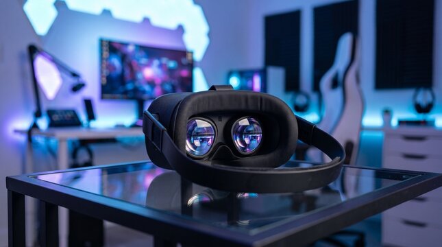 A black virtual reality headset resting on a glass table in a modern gaming room with illuminated colorful ambient glass surface blurred headset sits