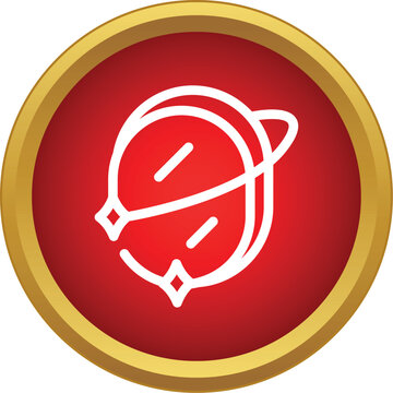 Line art planet with an orbiting ring on a red circle with a golden frame