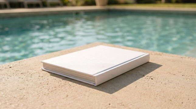 Closed white book resting on the stone poolside edge with blurred swimming pool water in background book cover summer vacation leisure time outdoor reading poolside