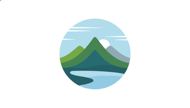 Circular nature landscape icon showing majestic green mountains and a calm river under a blue sky.