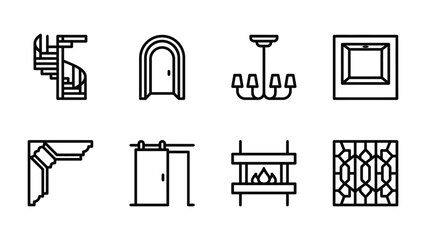 Architectural Elements Icons: A set of clean, minimalist line icons showcasing various architectural and interior design elements, including a spiral staircase, arched doorway, chandelier. © Nazida