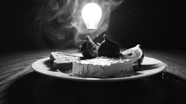 Black and White Food Photography of Cheese, Figs, and Bread Under a Bright Light with Smoke