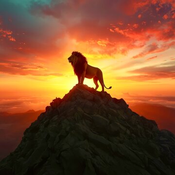 Lion stands atop a rocky peak