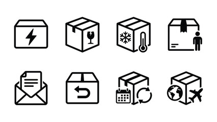 Fototapeta premium Shipping and Logistics Icons: A collection of eight distinct icons representing various aspects of shipping, logistics, and delivery services, including fragility, temperature control, return.