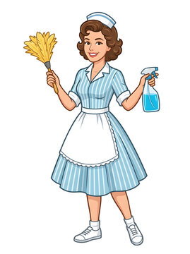 Retro Style Maid Holding Feather Duster and Cleaning Spray