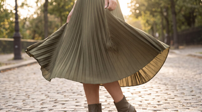 Woman in olive green pleated skirt spinning outdoors, creating dynamic motion and a sense of freedom