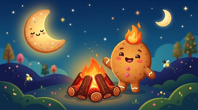 Cute cartoon gingerbread man character warming up by a cozy campfire under a starry night sky.