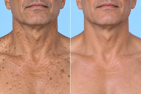 Before and after fractional CO2 laser for neck sun spots and wrinkles removal on man
