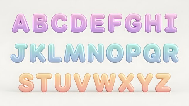 Colorful 3d rendered alphabet letters with pastel gradient effects displaying all characters in a row