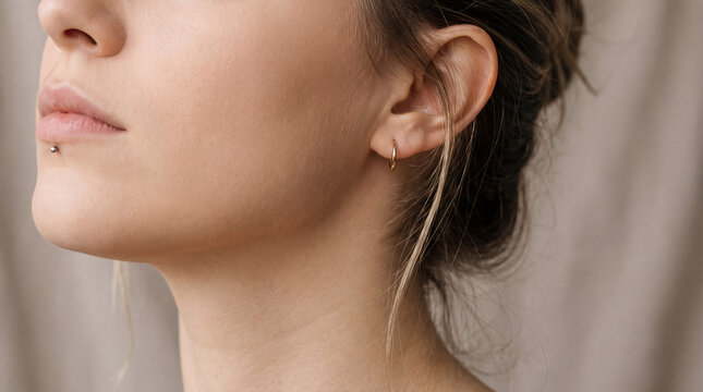 Woman with ear piercing and lip piercing, showing self expression through body jewelry and individual style