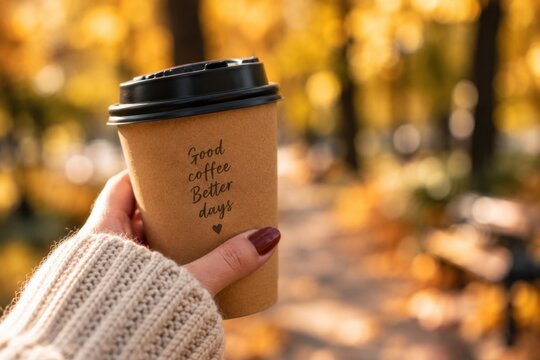 Cozy autumn day with a warm cup of coffee and colorful fall foliage with copy space
