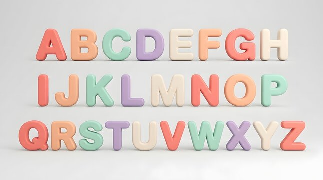 Colorful pastel alphabet letters arranged in rows from a to z with soft shadows on a white background