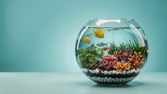 A round glass fishbowl filled with colorful tropical fish, including a clownfish, swimming among artificial coral, green aquatic plants, and white gravel on a light blue background, studio shot