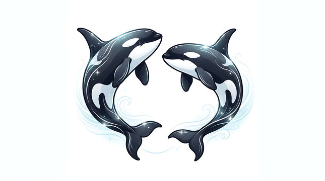 Two Cute Orca Killer Whales Jumping in Circular Motion Isolated on White and Transparent Background