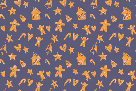 Seamless Christmas gingerbread pattern with cookies, stars, hearts, candy canes, bells and gingerbread houses, ideal for holiday textiles, wrapping paper, packaging and stationery