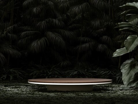 A raised, circular display platform sits amidst dense, dark foliage