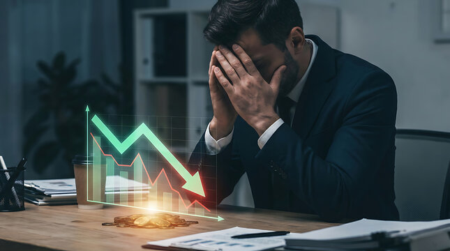 A distressed businessman experiences intense frustration and worry due to significant financial setbacks and a sharp decline in the stock market illustrated