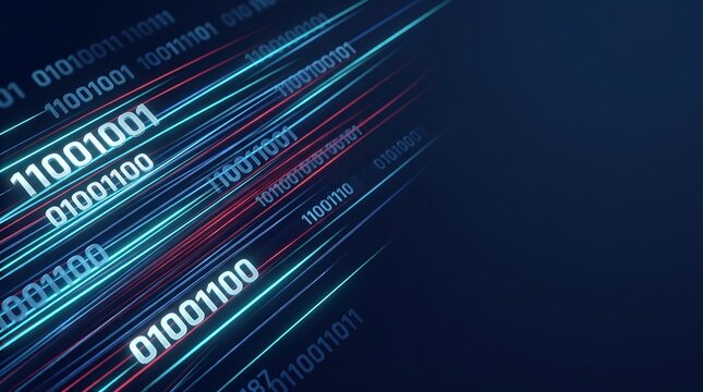 Dynamic blue binary code background with motion blur effect representing rapid digital data transmission and high speed computing technology progress