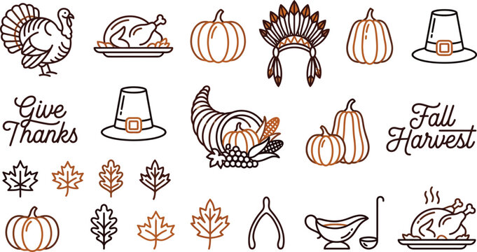 AdoSet of hand drawn thanksgiving and autumn harvest icons featuring pumpkins turkey cornucopia and fall leavesbe Illustrator Artwork