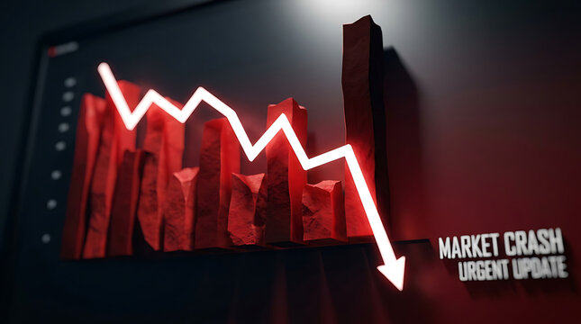 Dramatic depiction of a stock market crash with a glowing red arrow pointing downwards signifying financial loss and economic downturn