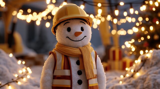 Cheerful snowman wearing a yellow hard hat, safety vest and scarf in a snowy Christmas setting with festive lights, combining winter holiday and construction themes