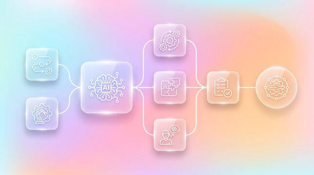 Artificial intelligence workflow process with glowing glass icons illustrating machine learning automation and business task management in a colorful modern digital environment