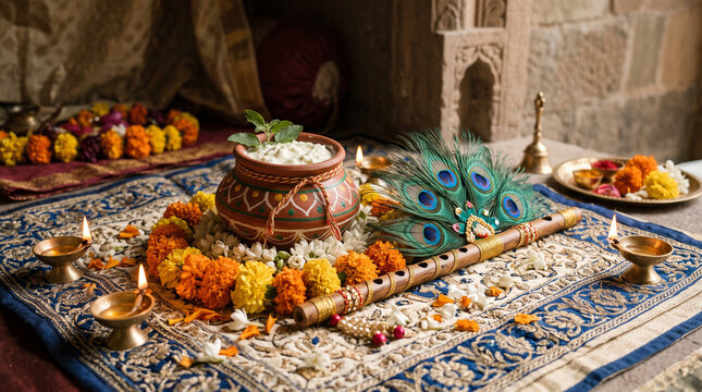 Krishna Janmashtami festive arrangement with matki pot flute and peacock feathers